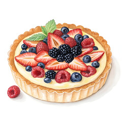 Colorful fruit tart filled with creamy custard, topped with fresh fruits, isolated on white background perfect