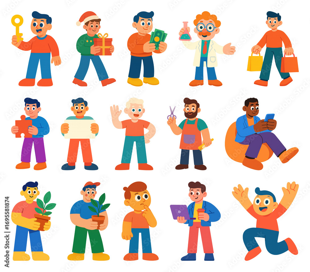 Poster png colorful cartoon characters in various activities, element set on transparent background
