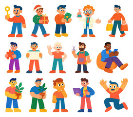 PNG Colorful cartoon characters in various activities, element set on transparent background