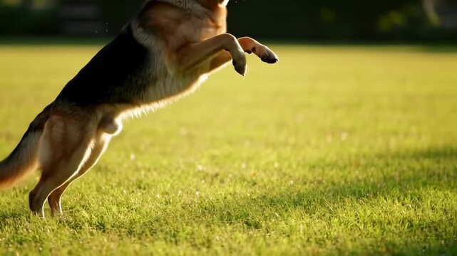 Energetic german shepherd dog leaping to catch a tennis ball in a sunny green field at golden hour