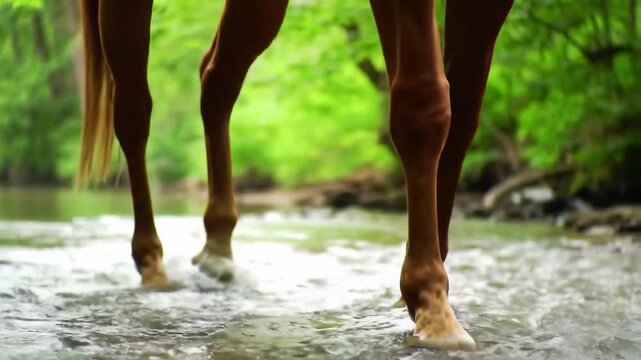 Horse powerful hooves trotting through a shallow stream, water splashing in a lush green forest.