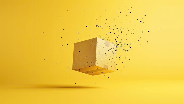 A floating yellow cube disintegrating into particles against a vibrant yellow background