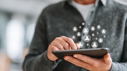 Digital Networking and Connectivity: A focused individual, engrossed in their digital device, embodies the essence of interconnectedness, with visualized network of connections. Generative Ai