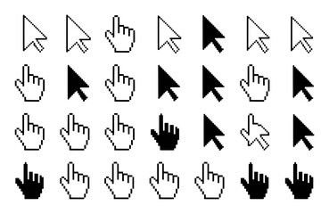 Collection of Pixelated Mouse Cursor Icons: Arrow and Hand Pointers
