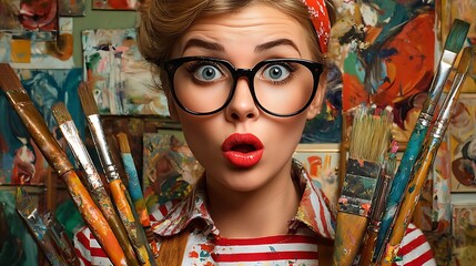 Surprised Woman Artist Holding Paintbrushes Against Colorful Art Background