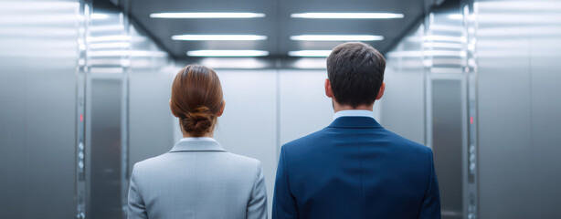 A professional couple stands side by side in a sleek elevator, facing the doors as they await their destination.
