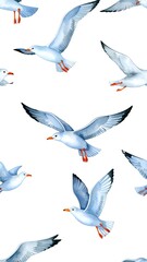 Seamless pattern of stylized seagulls in flight against a white background