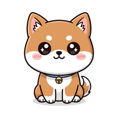 Charming and adorable vector illustration of a happy Shiba Inu puppy character with sparkling eyes and a bell collar, sitting, ideal for children's projects