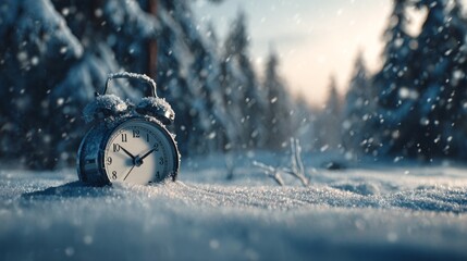 Alarm clock resting in snowy forest with falling snowflakes  