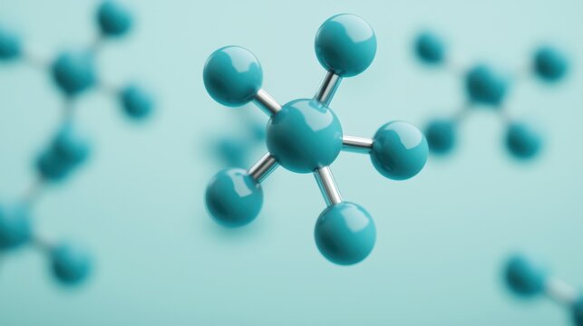 A close-up of a stylized molecular structure, featuring teal spheres connected by silver bonds against a soft blue background.