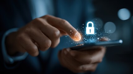 An adult's finger interacts with a digital lock icon on a modern smartphone screen, representing data security. ..Created with Generative AI, not depicting real subjects.