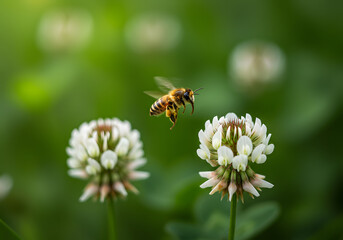 Honeybee near white clover flowers