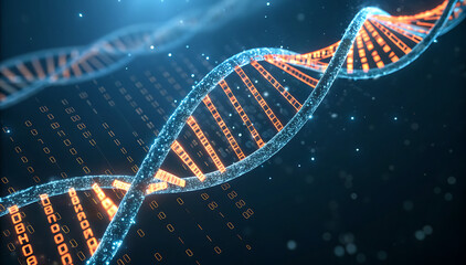 A digitally rendered dna double helix structure against a dark binary code background with light effects