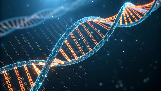 A digitally rendered dna double helix structure against a dark binary code background with light effects