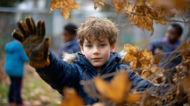 Boy wearing gloves cleaning autumn leaves in playground outdoors  