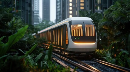 Naklejka premium A futuristic train glides through lush greenery and modern buildings, showcasing a blend of technology and nature.
