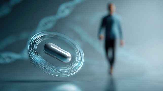 Futuristic medicine capsule floating with DNA strands in background