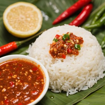 4k high quality Ai generative HD art photo realistic sell selling menu restaurant Indonesia Asia food rice fried egg wooden spoon pouring chili sauce plate white steamed tempong