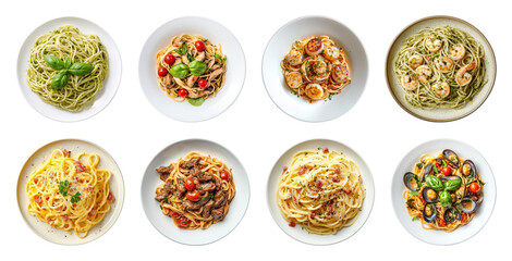 PNG Diverse pasta dishes beautifully presented, element set on transparent background