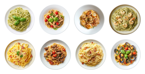 PNG Diverse pasta dishes beautifully presented, element set on transparent background