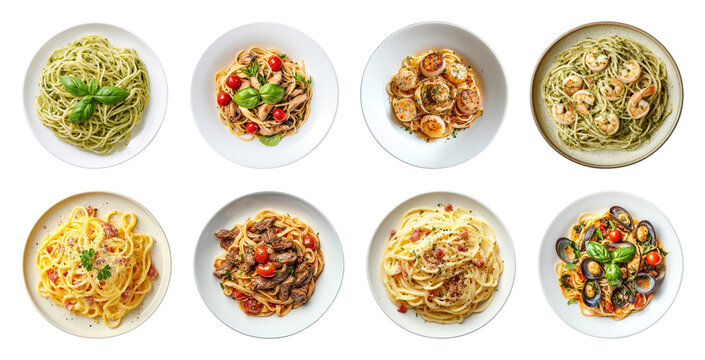 PNG Diverse pasta dishes beautifully presented, element set on transparent background