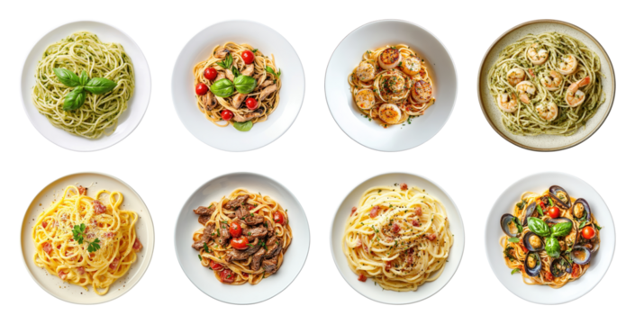 PNG Diverse pasta dishes beautifully presented, element set on transparent background