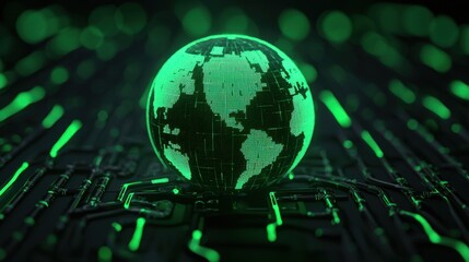 A glowing green globe representing Earth sits on a circuit board, symbolizing technology and globalization.