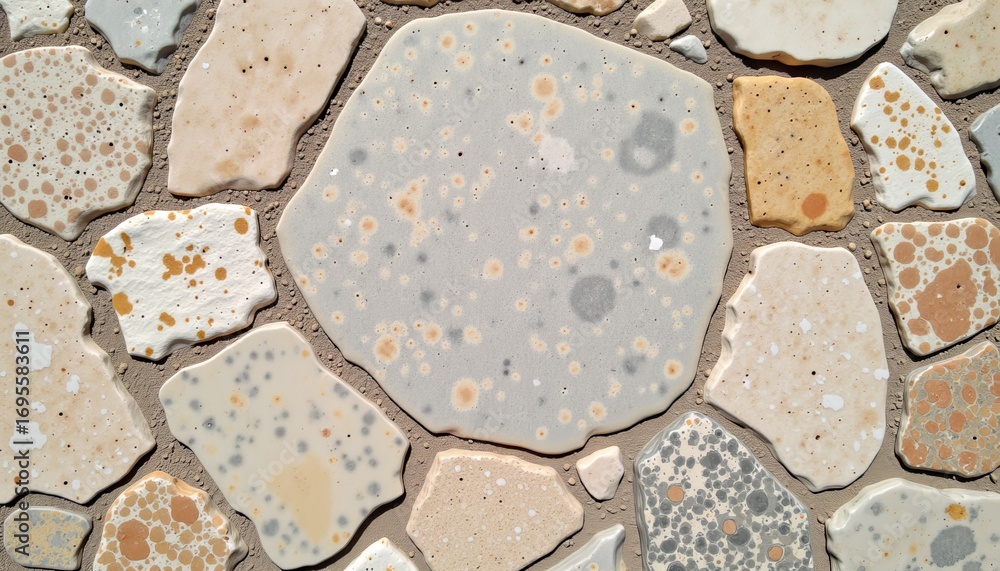 Poster artistic arrangement of irregularly shaped stone tiles with diverse patterns and earthy tones creati