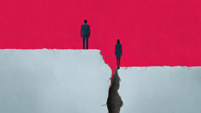 Two figures stand on opposite edges of a cracked surface, symbolizing division or conflict against a bold red backdrop.