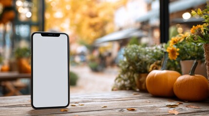 Smartphone with blank screen mockup on wooden table with pumpkins in outdoor cafe  