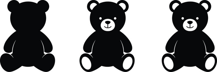 Cute teddy bear silhouette vector illustration set, black cartoon toy bear design, children plush animal doll isolated on white background