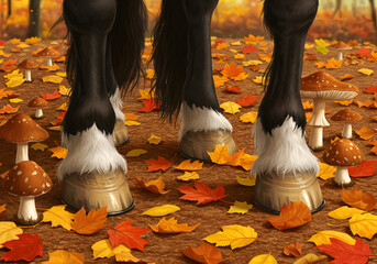 Horse hooves in autumn leaves and mushrooms