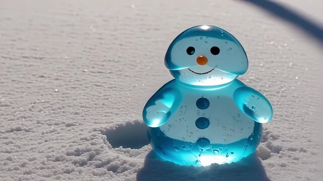 Sparkling snowman melting in sunlight creating dynamic reflections on fresh snow background