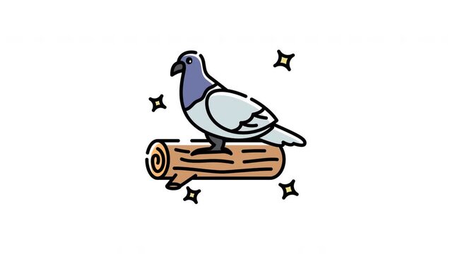 Pigeon cartoon motion pigeon sits peacefully on a log among sparkling stars animatedly.