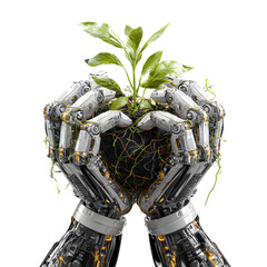 Robot hands cradling a plant representing technology and environmental sustainability