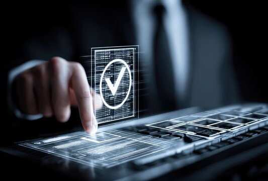 Hand interacting with holographic checkmark on a touch screen