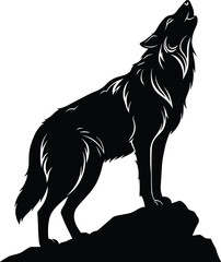 Detailed wolf silhouette howling on rock in wilderness nature design, wild animal illustration vector isolated on white background artwork
