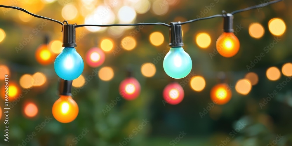 Poster colorful string lights glow softly against a blurred background, creating a warm and inviting atmosp