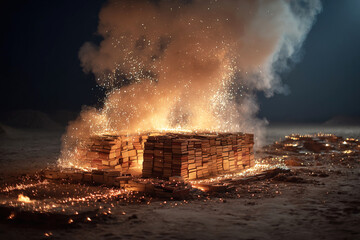 Books consumed by flames as a crowd watches the destructive fire fueled by hatred and ignorance