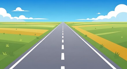 Cartoon countryside road stretching into the horizon with vibrant fields under a serene sky