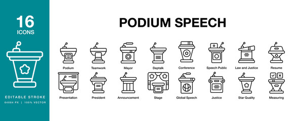 Podium Speech icon set. Includes podium, speech, conference, presentation, speaker, and More. Editable Stroke Icon Collection.