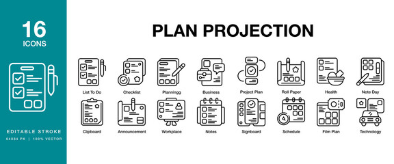 Plan Projection icon set. Includes project, business, professional, company, and More. Editable Stroke Icon Collection.