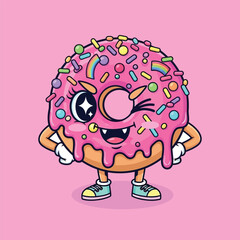 Obraz premium Cute donut character winking with sprinkles and pink frosting stands playfully on a pink backdrop, radiating a fun and whimsical vibe.