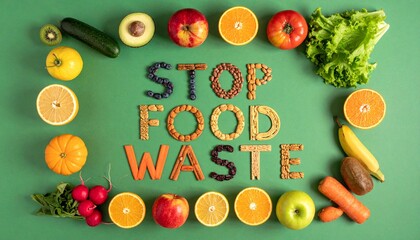 Fresh fruits and colorful vegetables are arranged with the words "STOP FOOD WASTE"