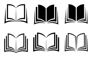 Collection of Six Open Book Icons in Black and White
