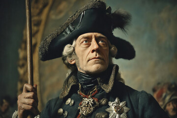 Portrait of a historical figure in a navy uniform and hat, adorned in a grand hall