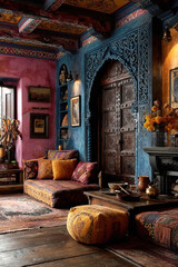 Fototapeta premium Elegant Indian interior design featuring colorful textiles and traditional craftsmanship