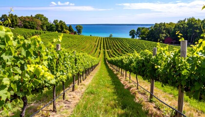 Fototapeta premium Lush vineyard overlooking a lake