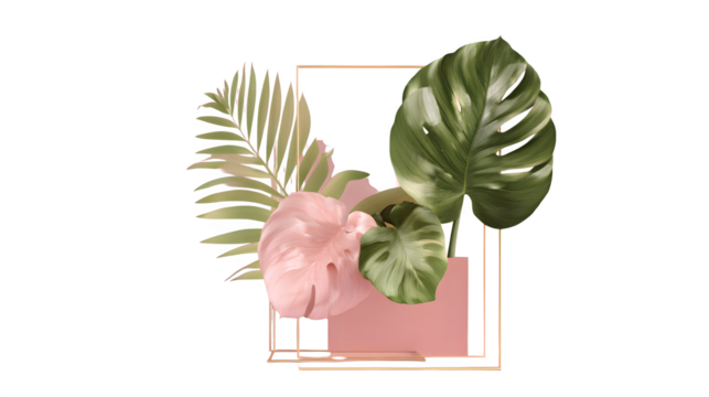 Tropical leaves and geometric frame, isolated on transparent background