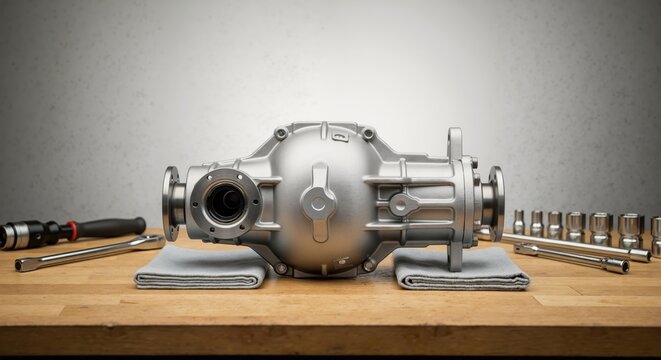 New automotive rear differential axle on a workbench. Car part with mechanic tools in a workshop for service and repair. Vehicle maintenance concept.